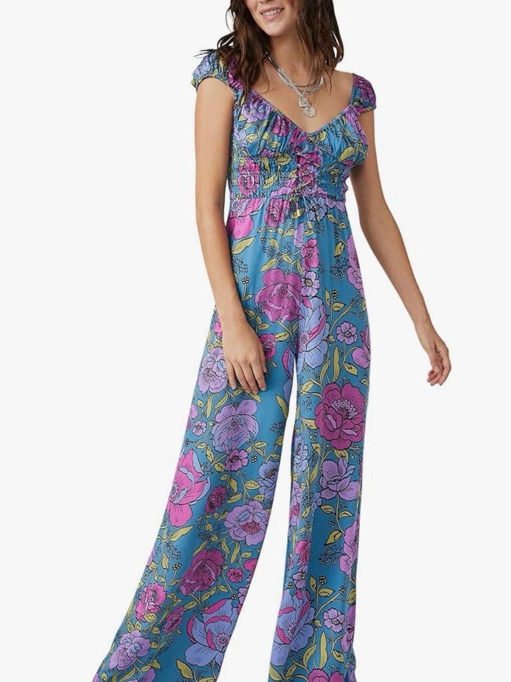 *FREE PEOPLE* Teal x Pink Floral Sleeveless Long Rolling Hills Jumpsuit Sz Small